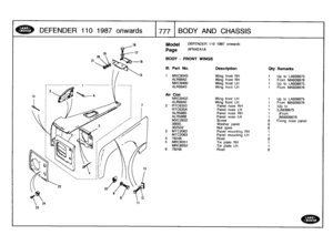 Page 778
DEFENDER
1101987
onwards

	

!
777

	

BODY
AND
CHASSIS

Model

Page

DEFENDER
110
1987
onwards

AFNXEA1A

BODY
-
FRONT

III
.
Part
No
.

WINGS

Description
Qty
Remarks

1
MXC9343
Wing
front
RH
Up
to
LA939975
ALR6842Wing
front
RH
FromMA939976
MXC9400
Wing
front
LH
Up
to
LA939975
ALR6843Wing
front
LHFrom
MA939976

Air
Con
MXC9402
Wing
front
LH
1
Up
to
LA939975
ALR6840
Wing
front
LH
1
From
MA939976
2
RTC6353
Panel
nose
RH
t
)Up
to
RTC6354
Panel
nose
LH
1
)LA939975
ALR5990
Panel
nose
RH
1
)From
ALR5989...