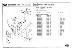 Page 781
DEFENDER
110
1987
onwards
1780
BODY
AND
CHASSIS

Model

	

DEFENDER
110
1987
onwards

Page
AFNXEAIA

BODY
-
FRONTWINGS

III
.
Part
No
.

	

Description

Finisher
headlamp
surround
22

Qty
Remarks

MTC7770
Finisher
RH
MTC7769
Finisher
LH
1
MWC8464CUF
Finisher
RH
1
Arrow
red
MWC8465CUF
Finisher
LH
t
Arrow
red
MWC8464HCC
Finisher
RH
1
Bronzegreen
MWC8465HCC
Finisher
LH
1
Bronzegreen
MWC8464HCN
Finisher
RH
1
Trident
green
MWC8465HCN
Finisher
LH
1
Trident
green
MWC8464JUG
Finisher
RH
1
Shire
blue
MWC8465JUG...