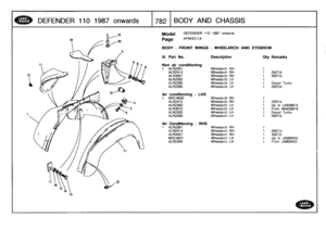 Page 783
DEFENDER
110
1987
o
nwa
rds

	

17821
BODY
AND
CHASSIS

12
18
13

DEFENDER
110
1987
onwards

AFNXEC1A

BODY
-
FRONT
WINGS
-
WHEELARCH
AND
EYEBROW

111
.
Part
No
.

Non
air
conditioning
1
ALR2261

Description

Wheelarch
RH

Oty

1

Remarks

ALR2414
Wheelarch
RH
1
200Tdi
ALR4057
Wheelarch
RH
1
300Tdi
ALR2262
Wheelarch
LH
1
ALR2265
Wheelarch
LH
1
Diesel
Turbo
ALR2265
Wheelarch
LH
1
200Tdi

Air
conditioning
-
LHS
1
MXC4630
Wheelarch
RH
1
ALR2415
Wheelarch
RH
1
200Tdi
ALR2262
Wheelarch
LH
1
Up
to
LA939975...