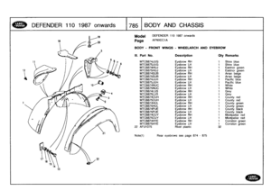 Page 786
DEFENDER
1101987
onwar
ds
	785
BODYAND
CHASSIS

13

Model

Page

Note(1)

DEFENDER
110
1987
onwards

AFNXEC1A

Rear
eyebrows
see
page
874
-
875

BODY
-
FRONT
WINGS

Ill
.
Part
No
.

WHEELARCH
AND

Description

EYEBROW

Oty
Remarks

MTC6874JUG
Eyebrow
RH
Shire
blue
MTC6875JUG
Eyebrow
LH
Shire
blue
MTC6874HUJ
Eyebrow
RH
Eastnorgreen
MTC6875HUJ
Eyebrow
LH
Eastnor
green
MTC6874SUB
Eyebrow
RH
Arran
beige
MTC6875SUB
Eyebrow
LH
Arran
beige
MTC6874JUH
Eyebrow
RH
Pacific
blue
MTC6875JUH
Eyebrow
LH
Pacific
blue...