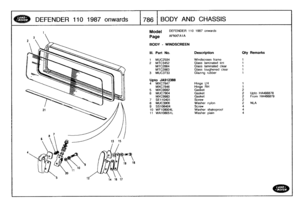 Page 787
DEFENDER
1101987
onwards

	

1786
BODY
AND
CHASSIS

Model

Page

DEFENDER
110
1987
onwards

AFNXFAIA

BODY
-
WINDSCREEN

III
.
Part
No
.
Description
Oty
Remarks

1
MUC2594
Windscreenframe
1
2
MTC3452
Glass
laminated
tint
1
MTC2864
Glass
laminated
clear
1
MTC2863
Glass
toughened
clear
1
3MUC3733
Glazing
rubber
t

UptoJA912388
4MXC7847
Hinge
LH
1
MXC7846
Hinge
RH
1
5MXG9982
Gasket
26MUC7904
Gasket
2
Upto
HA466878
MXC9983
Gasket
2
FromHA466879
7
SE110401
Screw
28MUC3906
Washer
nylon
2
NLA

9
SS108404...