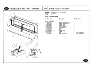 Page 788
DEFENDER
110
1987
onwards
T8
7
I
BODY
AND
CHASSIS

Model

Page

DEFENDER
110
1987
onwards

AFNXFA1A

BODY
-
WINDSCREEN

2538925390

III
.
Part
No
.
Description
Ory
Remarks

From
JA912389
12
MUC7911
Bracket
windscreen
RH
1
MUC7912
Bracket
windscreen
LH
1
13
MXC9982
Gasket
lower
2
14
MXC9983
Gasketupper2
15
MUC7907
Washer
packing2
16
MUC4289
Packing
piece
217
MUC4290
Strap
218
FB108101
Bolt
619
WA108051L
Washer
plain
6
20
RTC6159
Clamp
2
21
ALR1737
Seal
1
Upto
KA
ALR5058
Seal
windscreen
1
From
KA 