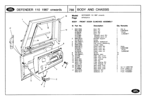 Page 789
DEFENDER
1101987
onwards

	

1788
BODY
AND
CHASSIS

17

Model

Page

DEFENDER
110
1987
onwards

AFNXGAIA

BODY
-
FRONT
DOOR
CLINCHED
ASSEMBLY

111
.
Part
No
.
Description
Oty
Remarks

1
MXC7958
Door
RH
t
)Up
to
MXC7959
Door
LH
1
)LA933876
ALR6256
Door
RH
1
)From
ALR6257
Door
LH
1
)LA933877
ALR1800
Bracket
pivot
RH
1
ALR1801
Bracket
pivot
LH
1
2
MWC8223
Bracket
support
2
SE106161L
Screw
44
WE106W1L
Washer
shakeproof
45
MTC5463
Pad
sound
deadening
26
MWC3293
Curtain
water
27
MWC8270
Panel
inner
RH
1...