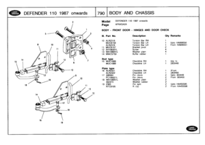 Page 791
DEFENDER
110
1987
onwards

	

1790
BODYAND
CHASSIS

Model
Page

BODY
-

DEFENDER
110
1987
onwards

AFNXGA2A

FRONT
DOOR
-
HINGES
AND
DOOR
CHECK

III
.
Part
No
.
Description
City
Remarks

10
ALR2318
Torsion
Bar
RH
1
MUC6159
Torsion
Bar
LH
i
Upto
HA906550
ALR2319
Torsion
Bar
LH
1
From
HA906551
11
MUC6157
Bracket
pivot
212
SH106301L
Screw
413
WA106041L
Washer
plain
4
14
MWC5759
Buffer
rubber
1

Rod
type
15
MUC1888
Checklink
RH
1
)Up
to
MUC1889
Checklink
LH
1
)303449

Plate
type
16
ALR2321
Checklink
RH
t...