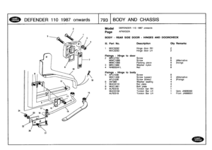 Page 794
DEFENDER
110
1987
onwards

	

793
BODY
AND
CHASSIS

24
21

Model
Page

DEFENDER
110
1987
onwards

AFNXG12A

BODY
-
REAR
SIDE
DOOR
-
HINGES
AND
DOORCHECK

III
.
Part
No
.
Description
Oty
Remarks

1
MXC8282
Hinge
door
RH
2
MXC8283
Hinge
door
LH
2

Fixings
-
Hinge
to
door
2
MRC2762
Screw
8
MWC1899
Screw
8
)Alternative
MWC1898
Packing
piece
4
)fixings
3
MRC1980
Washer
nylon
84
NH605041L
Nut
8

Fixings
-
Hinge
to
body
5
AFU1036
Screw
8
MXC1436
Screw
(upper)
4
)Alternative
AFU1036
Screw
(lower)
4
)Fixings
6...