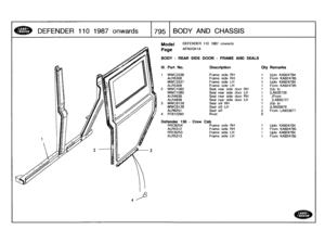 Page 796
DEFENDER
1101987
onwards

	

1795
BODYAND
CHASSIS

Model

	

DEFENDER
110
1987
onwards

pageAFNXGK1A

BODY
-
REAR
SIDE
DOOR
-
FRAME
AND
SEALS

III
.
Part
No
.
Description
Oty
Remarks

1
MWC3336
Frame
side
RH
1
Upto
KA924784
ALR5308
Frame
side
RH
1
From
KA924785
MWC3337
Frame
side
LH
1
Upto
KA924784
ALR5309
Frame
side
LH
1
From
KA924785
2
MWC1082
Seal
rear
side
door
RH
1
)Up
to
MWC1083
Seal
rearside
door
LH
1
)LA935726
ALR4938
Seal
rearside
door
RH
1
)From
ALR4939
Seal
rearside
door
LH
1
)LA935727
3...