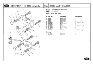 Page 799
DEFENDER
110
1987
onwards

	

1798
BODY
AND
CHASSIS

Model

Page

DEFENDER
110
1987
onwards

AFNXGM2A

BODY
-
REAR
END
DOOR

III
.
Part
No
.
Description
Oty
Remarks

1
333036
Hingeupper
1
2
346341
Hinge
centre
1
346341
Hinge
lower
1
3
257450
Nutcapped
3
4
SE108501
Screw
6
Hinge
to
door5
MRC1980
Washer
nylon
6
6
FNIO8041L
Nut
6
7
SE108251
Screw
6
Hinge
to
body
8WC108051L
Washer
plain
6
9
WL108001L
Washer
spring
610
FN
108041L
Nut4
11
MTC1042
Nut
plate
1
Centre
hinge

Germany
12
MTC6630
Cover
nut
8...