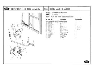 Page 800
DEFENDER
110
1987
onwards

_

	

17

99
BODYAND
CHASSIS

Model

Page

DEFENDER
110
1987
onwards

AFNXGM3A

BODY-
REAR
END
DOOR
CHECK
MECHANISM

111
.
Part
No
.
Description

	

Oty
Remarks

Upto
FA358797
(Reg)
FA358790
(S/W)
1

	

MUC4474

	

Lever
release

	

1
2
MUC4486

	

Retainer

	

1
3
RA608177L

	

Rivet

	

2
4MUC4481

	

Spring

	

1
5
MUC4545

	

Buffer
rubber

	

1

	

Short
6MUC4471

	

Checklink

	

1
7
MUC4544

	

Buffer
rubber

	

1

	

Long
8
MUC4477

	

Bracket
mounting

	

1
9
78248...