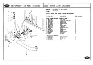 Page 801
DEFENDER
110
1987
onwards

	

1800
BODY
AND
CHASSIS

Model

	

DEFENDER
110
1987
onwards

Page
AFNXGM4A

BODY
-
REAR
END
DOOR
CHECK
MECHANISM

Ill
.
Part
No
.

	

Description

56789
10
11
12131415

From
FA358798
(Reg)
FA358791
(SW)
1
MUC1961

	

Stud
plate
2
MXC1790

	

Torsion
bar
and
collar
3
MWC6450

	

Bracket
pivot
Washer
plain
Washer
spring
Nut
Buffer
rubber
Checklink
Bracketmounting
Rivet
Bracket
pivot
Screw
Washer
spring
Pin
clevis
Pin
split

WL106DOlL
NH
106041L
MWC5759
MXC5575MXC2044
78248...