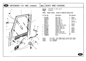 Page 803
DEFENDER
110
1987
onwards

	

1802
BODY
AND
CHASSIS

5

Model

	

DEFENDER
110
1987
onwards

t

	

Page
AFNXHAIA

7

16

BODY
-
FRONT
DOOR
-
GLASS
&
WINDOW
REGULATOR

Note(l)

	

5mm
Glass
-
Upto
342383
Regular,
344754
Station
Wagon
Note(2)

	

4mm
Glass
-
From
342384
Regular,344755
Station
Wagon
Note(3)

	

Up
to
LA932486
Note(4)

	

FromLA932487

III
.
Part
No
.
Description
Oty
Remarks

1
MTC7825
Glass
clear
2
Note(l)
MTC7a26
Glass
tinted
2
Note(l)
MWC4720
Glass
clear
2
Note(2
&3)
ALR4773
Glass
clear...