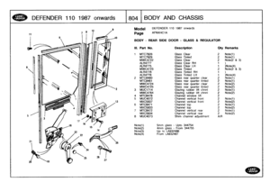 Page 805
DEFENDER
110
1987
onwards

	

18041
BODY
AND
CHASSIS

Model

	

DEFENDER
110
1987
onwards

Page
AFNXHC1A

BODY
-
REAR
SIDE
DOOR
-
GLASS&
REGULATOR

Note(l)

	

5mm
glass
-
Upto
344754
Note(2)

	

4mm
glass
-
From344755
Note(3)

	

Up
to
LA932486
Note(4)

	

From
LA932487

111
.
Part
No
.
Description
Oty
Remarks

1
MTC7828
Glass
Clear
2
Note(l)
MTC7829
Glass
Tinted
2
Note(l)
MWC4722
Glass
Clear
2
Note(2
&
3)
ALR4T77
Glass
Clear
RH
1)
ALR4775
GlassClear
LH
1
)Note(4)
MWC4723
Glass
Tinted
2
Note(2
&
3)...