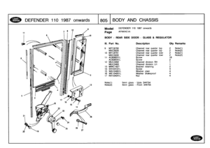 Page 806
DEFENDER
110
1987
onwards
:
805
]
BODYAND
CHASSIS

S

Note(t)

	

5mm
glass
-
Upto
344754
13

	

Note(2)

	

4mm
glass
-
From
344755

Model

	

DEFENDER
110
1987
onwards

Page
AFNXHC1A

BODY
-
REAR
SIDE
DOOR
-
GLASS&
REGULATOR

III
.
Part
No
.
Description
Oty
Remarks

9
MTC8790
Channel
rear
quarter
top
2
Note(1)
MXC5835
Channel
rear
quarter
top
2
Note(2)
10
MTC8791
Channel
rear
quarter
lowr
2
Note(1)
MXC5830
Channel
rear
quarter
lowr
2
Note(2)
11
AC606031L
Screw
16
AC606041L
Screw
2
12
MUC3492
Channel...