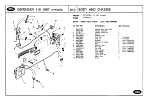 Page 811
DEFENDER
11
01987
onwards

	

18101
BODYAN
D
CHASSIS

1
6

Model

	

DEFENDER
110
1987
onwards

Page
AFNXHGIA

BODY
-
REAR
SIDE
DOOR
-
LOCK
MECHANISM

111
.
Part
No
.
Description
Oty
Remarks

I
MXC2728
Handledoor
outer
RH
1
MXC2729
Handle
assembly
1
2
STC617
Gasket
handle
kit
23
SE105101L
Screw
44
WA105001L
Washer
plain
45
MWC5002
Link
RH
t
Threaded
MWC5001
Link
LH
1
Threaded
6
MWC4850
Adjuster
2Upto
KA930182
ALR4065
Adjuster
threaded
2
From
KA930183
7
NH104041L
Nut
4Upto
KA930182
8
MRC5525
Washer...