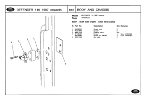 Page 813
DEFENDER
1101987
onwards

	

18121
BODY
AND
CHASSIS

4
5
Model

	

DEFENDER
110
1987
onwards

Page
AFNXHG2A

BODY
-
REAR
SIDE
DOOR
-
LOCK
MECHANISM

8199681997

III
.
Pan
No
.
Description
Oty
Remarks

1
MUC9526
Striker
lock
2
2
MUC7809
Spacer
2
3
MWC3148
Packing
piece
A/R
4
SF106401
Screw
4
Upto
HA
MXC9689
Screw
torx
M6x40
4
From
HA
5
MWC1622
Nut
plate
2 