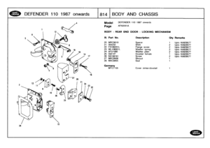 Page 815
DEFENDER
110
1987
onwards

	

18141
BODY
AND
CHASSIS

Model

Page

DEFENDER
110
1987
onwards

AFNXH11A

BODY
-
REAR
ENDDOOR
-
LOCKING
MECHANISM

29577295772957729577295772957729577

III
.
Part
No
.
Description
Oty
Remarks

20
MRC9619
Spacer
1
Upto
KA
21
305232
Shim
2
Upto
KA
22
FS106201
LFlangescrew2Upto
KA
23
WL106001L
Washer
spring
2
Upto
KA
24
AFU1080
Washer
plain
2
Upto
KA
25
332147
Dovetail
female
1
Upto
KA
26
SA106161
Screw
2
Upto
KA
27
MRC9006
Shroud
1
28
MXC9455
Seal
1

Germany
MTC7155
Cover...