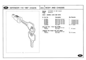 Page 816
DEFENDER
110
1987
onwards

	

81
5
I
BODY
AND
C
HA
SS
I
S

__________________---____________

	

1

	

---------------------------------
t

Model

Page

DEFENDER
110
1987
onwards

AFNXHK1A

Tailboard
side
hinged
with
lock
395041
1

	

395141

	

Barrel
lock
and
keys

	

1
17H2475L

	

Key
blank

	

A/R
FS
series

BODY
-
BARREL

III
.
Part
No
.

LOCK
AND
KEYS

Description
Oty
Remarks

1
RTC3022
Barrel
lock
and
keys
1
MTC6503
Barrel
locks
and
keys
1
2
Barrels/2
keys
MTC6504
Barrel
locks
and
keys
1
3...