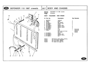 Page 818
DEFENDER
110
1987
onwards

	

1817
I
BODY
AND
CHASSIS

11
Model

Page

DEFENDER
110
1987
onwards

AFNXIA2A

BODY
-
TAILBOARD
-
SIDE
HINGED

Note(1)

	

Alternatives
check
beforeordering
Note(2)

	

Use
with
Striker
MRC8444
Note(3)

	

Use
with
Striker
395294
Note(4)

	

For
details
see
page
815

III
.
Part
No
.
Description
Oty
Remarks

1
MUC8707
Tailboard
1
2
346341
Hinge
23
257450Nutcapped
24
WA106041L
Washer
plain
25
SE108601
Screw
46
WC108051L
Washer
plain
1
7
WA708051L
Washer
spring
28
WL108001L...