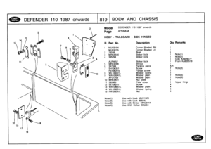 Page 820
DEFENDER
110
1987
onwards

	

819
BODY
AND
CHASSIS

16

Model

Page

DEFENDER
110
1987
onwards

AFNXIA3A

BODY
-
TAILBOARD
-
SIDE
HINGED

Note(1)

	

Use
with
Lock
MUC1028
Note(2)

	

Use
with
Lock
395041
Note(3)

	

Use
withStriker
MRC8444
Note(4)

	

Use
With
Striker
395294

111
.
Part
No
.
Description
Oty
Remarks

1
MUC9154
Corner
Bracket
RH
1
MUC9155
Corner
Bracket
LH
1

2
78248
Rivet
5
3
MRC8444
Striker
lock
1
Note(1)

4
395294
Strikerlock
1
Note(2)
1
Upto
KA929577

ALR4652
Strikerlock
1
From...