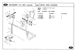 Page 821
DEFENDER
110
1987
onwards

	

820
BODYAND
CHASSIS

16

Model

Page

BODY
-
TAILBOARD
-
SIDE
HINGED

DEFENDER
110
1987
onwards

AFNXIA3A

111
.
Part
No
.
Description
Oty
Remarks

16
MTC7523
Cleat
1
17
MTC7525
Plate
spreader
1
18
SE108201
Screw
219
WL108001L
Washer
spring
2
20
FN108041L
Nut2 