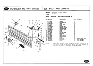 Page 822
DEFENDER
1101987
onwards

	

1821
BODY
AND
CHASSIS

31
14151716
21

Model

Page

BODY
-
TAILGATE
-
HIGHCAPACITY
PICK
UP

DEFENDER
110
1987
onwards

AFNXIA4A

late
lamp
14615

Screw

	

2

	

Upto
FA414615

When
fitting
later
type
tailgate,
it
will
only
be
drilled
to
accept
the
two
outer
hinges
.
To
fit
the
two
centre
hinges,
leave
them
bolted
to
the
body
anduse
them
as
a
template
to
drill
into
the
tailgate

III
.
Part
No
.
Description
Oty
Remarks

1
MTC3908
Tailgate
1
2
MTC3139
Strip
wearing
3
3...