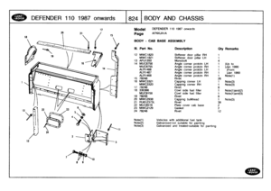 Page 825
DEFENDER
110
1987
onwards

	

18241
BODY
AND
CHASSIS

a9

17

	

Model

Page
BODY
-
CAB
BASEASSEMBLY

DEFENDER
110
1987
onwards

AFNXJA1A

Note(t)

	

Vehicles
with
additional
fuel
tank
Note(2)

	

Galvanised-not
suitable
for
painting
Note(3)

	

Galvanised
and
treated-suitable
for
painting

111
.
Part
No
.
Description
Oty
Remarks

12
MWC1820
Stiffener
door
pillar
RH
1
MWC1821
Stiffener
door
pillar
LH
1
13
AFU1350
Monobolt
4
14
MUC8756
Angle
corner
protctn
LH
1
)Up
to
MUC8755
Angle
corner
protctn
RH
1...