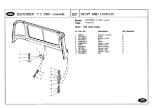 Page 828
DEFENDER
110
1987
onwards

	

1827
I
BODYAND
CHASS
I
S

Model

	

DEFENDER
110
1987
onwards

Page
AFNXJC2A

BODY
-
CAB
REAR
PANEL

III
.
Part
No
.
Description
Oty
Remarks

1
336577
Bracket
mounting
4
2
SH106251L
Screw
8
3
WL106001L
Washer
spring
84
NH106041
LNut
8
5
SH607091L
Screw
4
6
WM600071L
Washer
spring
4
7
4580
Washer
plain
48
MUC8928
Stud
mounting
2
9
WP185L
Washer
plain
4
10
WC112081L
Washer
plain
6
11
WL108001L
Washer
spring
4
12
FN108041L
Nut
4 