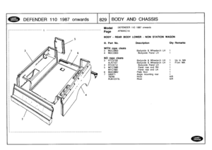 Page 830
DEFENDER
110
1987
onwards

	

829
[BODY
AND
CHASSIS

Model
_____________________________
1
---------------------------------------------------
Page

6

DEFENDER
110
1987
onwards

AFNXKCIA

BODY
-
REAR
BODY
LOWER
-
NON
STATION
WAGON

III
.
Part
No
.

WITH
rope
cleats
3
MUC3963
4
MUC3303

Description

Bodyside
&
Wheelarch
LH
Bodyside
Panel
LH

Oty
Remarks

11

NO
rope
cleats
3
RTC5709
Bodyside
&
Wheelarch
LH
1
Up
to
MA
ALR7107
Bodyside
&
Wheelarch
LH
1
From
MA
4
RTC5712
Bodyside
Panel
LH
1
5MTC7980
Panel...