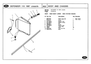 Page 833
DEFENDER
110
1987
onwards

	

1832
BODY
AND
CHASSIS

Model

Page

DEFENDER
110
1987
onwards

AFNXKC3A

BODY
-
REAR
BODY
LOWER
-
NON
STATION
WAGON

sps

Ill
.
Part
No
.
Description
Oty
Remarks

1
MRC2244
Panelcover
RH
1
Rear
lam
MRC2245
Panelcover
LH
1
Rear
la
2
SPI05121
Screw
43
WC105001L
Washer
plain
4
4
WL105001L
Washer
spring
45
NM105011
Nut
46
AB608031L
Screw
4
7
WC105001L
Washer
plain
48
330615
Tread
plate
39
78248
Rivet
39
10
MUC9158
Cowl
fuel
filler
1
11
RU612373L
Rivet
9 