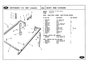 Page 834
DEFENDER
110
1987
onwards

	

1833
BODY
AND
CHASSIS

Model

Page

DEFENDER
110
1987
onwards

AFNXKC4A

BODY
-
REAR
BODY
LOWER
-
NON
STATION
WAGON

III
.
Part
No
.
Description
Oty
Remarks

1
MWC2120
Top
capping
RH
1
MWC2121
Top
capping
LH
1
2
78248
Rivet
38
RU612373L
Rivet
163
MWC3316
Cornercapping
RH
1
MWC3317
Capping
bodyside
1
4
RA612373L
Rivet
12
78248
Rivet
4
5
FS106201L
Flange
screw
2
)
6
WA106001
L
Washer
plain
4
)Note(3)
7
WL106001L
Washer
spring
2
)
8
NH106041L
Nut
2
)
9
MXC5973
Capping
RH
1...