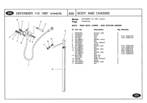 Page 836
DEFENDER
1101987
onwards

	

18
35
I
BODY
AND
CHASSIS

13

14

Model

Page

BODY
-
REAR
BODY

DEFENDER
110
1987
onwards

AFNXKC5A

LOWER
NON
STATION
WAGON

III
.
Part
No
.
Description
Oty
Remarks

1
MUC8759
Bracket
cable
22
FS106167L
Screw
4
3
RRC5533
Stud2
From
EA351579
4
RRC5677
Cap
2
From
EA351579
5
WL106001L
Washer
spring
4
6
NH106041L
Nut
47RRC5539
Cable
tailboard
28
FS108251L
Screw
2
9
WC108051L
Washer
plain
2
From
EA351579
10
NT108041L
Nut
2
From
EA351579
11
WA108051L
Washer
plain
2
Upto...