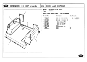 Page 837
DEFENDER
110
1987
onwards

	

18361
BODY
AND
CHASSIS

----------------------------------------------------
1
_____________________
.____
..

Model

Page

DEFENDER
110
1987
onwards

AFNXKE1A

BODY
-
REAR
BODY
LOWER
-
STATION
WAGON

939975939976

III
.
Part
No
.
Description
Oty
Remarks

1
MWC6143
Body
rear
lower
assembly
1
Up
to
L
ALR5987
Body
rear
lower
assembly
1
From
M
2MTC7886
Bodyside
&
wheelarch
RH
1
MTC7887
Bodyside
&
wheelarch
LH
1
3
RTC6291
Panel
bodyside
RH
1
MRC5071
Panel
bodyside
LH
1...