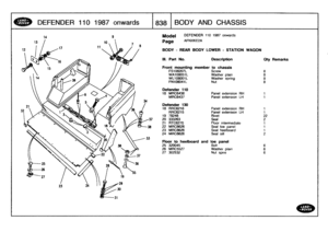 Page 839
DEFENDER
1101987onwards

	

18381
BODY
AND
CHASSIS

Model

Page

DEFENDER
110
1987
onwards

AFNXKE2A

BODY
-
REAR
BODY
LOWER
-
STATION
WAGON

111
.
Part
No
.

	

Description

Front
mounting
member
to
chassis

Oty
Remarks

FS108207L
Screw
8
WA108051L
Washer
plain
8
WL108001L
Washer
spring
8
FN708041L
Nut
8

Defender
110
18
MRC6436
Panel
extension
RH
MRC6437
Panel
extension
LH
Defender
130
18
RRC6216
Panel
extension
RH
1
RRC6215
Panel
extension
LH
1
19
78248
Rivet
22
20
333263
Seal
2
21
RTC6270
Floor...