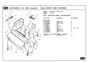 Page 840
DEFENDER
1101987
onwards

	

839
BODYAND
CHASSIS

Model

Page

DEFENDER
110
1987
onwards

AFNXKE2A

oor

BODY
-
REAR
BODY

III
.
Part
No
.

Floor
to
sill

LOWER
-
STATION
WAGON

Description
Oty
Remarks

28
FS106201L
Flange
screw
629
MRC5527
Washer
plain
1230
WM106001L
Washer
spring
6
31
NH106041L
Nut632
333745
Seal
233
MRC6027
Stay
RH
1
MRC6028
Stay
LH
1
34
SE106201L
Screw
2
Stay
to
f
35
FS106201L
Flange
screw
236
WA106041L
Washer
plain
4
37
WL106001L
Washer
spring
4
38
NH
106041L
Nut
4

Finisher
-
D...