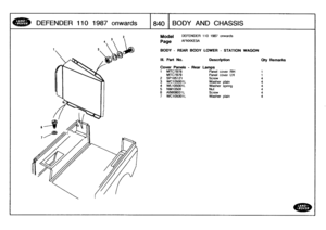 Page 841
DEFENDER
110
1987
onwards

	

840
BODY
AND
CHASSIS

Model

Page

DEFENDER
110
1987
onwards

AFNXKE3A

BODY
-
REAR
BODY
LOWER
-
STATION
WAGON

III
.
Part
No
.
Description
Oty
Remarks

Cover
Panels
-
Rear
Lamps
1
MTC7878
Panel
cover
RH
i
MTC7879
Panel
cover
LH
1
2
SP105121
Screw
4
3
WC105001L
Washer
plain
4
4
WL105001L
Washer
spring
45
NM105011
Nut46
AB608031L
Screw
4
7
WC105001L
Washer
plain
4 