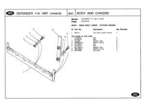 Page 842
DEFENDER
110
1987
onwards

	

841
BODYAND
CHASSIS

Model

	

DEFENDER
110
1987
onwards

Page
AFNXKE4A

BODY
-
REAR
BODY
LOWER
-
STATION
WAGON

III
.

1

Part
No
.

395413

Description

Toe
panel
gusset
bracket

Oty
Remarks

Toe
panel
to
seat
base
2
SH106201
Bolt
2
SH106161
Bolt
7
3
RTC609
Washer
plain
94
WM600051L
Washer
spring
9
5
NH106041L
Nut
96
SH106161
Bolt
47WC106041L
Washer
plain
48WM106001
Washer
spring
49
MRC9388
Nut
plate
2 