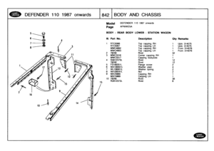 Page 843
DEFENDER
1101987
onwards

	

18421
BODY
AND
CHASSIS

1
6

Model

Page

DEFENDER
110
1987
onwards

AFNXKE5A

BODY
-
REAR
BODY
LOWER
-
STATION
WAGON

III
.
Part
No
.
Description
Oty
Remarks

RTC5066
Top
capping
RH
1
Upto
314075
RTC5067
Top
capping
LH
1
Upto
314075
MWC4662
Top
capping
RH
1
From314076
MWC4663
Top
capping
LH
1
From314076
2
78248
Rivet
32
3
MWC3316
Comer
capping
RH
1
MWC3317
Capping
bodyside
1
4
RA612373L
Rivet
12
78248
Rivet
12
5
FS106201L
Flange
screw
2
6
WA106001L
Washer
plain
47...