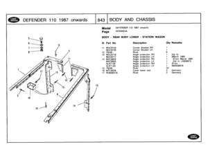 Page 844
DEFENDER
1101987
onwards
:
843
BODY
AND
CHASSIS

16

1
5

Model

Page

BODY
-
REAR
BODY
LOWER
-
STATION
WAGON

DEFENDER
110
1987
onwards

AFNXKE5A

III
.
Part
No
.
Description
Oty
Remarks

11
MUC9154
Corner
Bracket
RH
1
MUC9155
Corner
Bracket
LH
1
12
78248
Rivet
6
13
MUC8716
Angle
protection
RH
1
)Up
to

MUC8717
Angle
protection
LH
1
)March
1990
14
MXC8934
Angle
protection
RH
1
)From
March
1990
MXC8935
Angle
protection
LH
1
)Up
to
LA939975
ALR7128
Angle
protection
RH
1
)From
ALR7129
Angle
protection
LH...