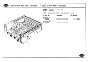 Page 845
DEFENDER
110
1987
onwards

	

1844
BODY
AND
CHASSIS

Model

Page

DEFENDER
110
1987
onwards

AFNXKG1A

BODY
-
REAR
BODY
LOWER
-
HIGH
CAPACITY
PICK
UP

Ill
.
Part
No
.
Description
Oty
Remarks

Defender
110
1
MTC3902
Body
rear
lower
assembly
1
Up
to
LA939975
ALR6708
Body
rear
lower
assembly
1
From
MA939976

Defender
130
1
RRC6292
Body
rear
lower
assembly
1 