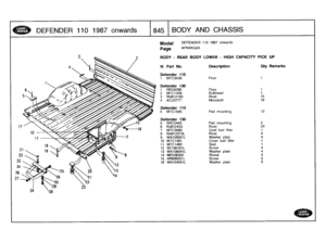 Page 846
DEFENDER
110
1987
onwards

	

845
I
BODYAND
CHASSIS

Model

Page

BODY
-
REAR
BODY
LOWER
-
HIGHCAPACITY
PICK
UP

III
.
Part
No
.

Defender
110
1
MTC3538

Defender
130

DEFENDER
110
1987
onwards

AFNXKG2A

Description

Floor

Oty
Remarks

1
RRC6296
Floor
1

2
MTC1409
Bulkhead
1
3
RU612183
Rivet
154
ACU3777
Monobolt
16

Defender
110
5
MTC1595
Pad
mounting
12

Defender
130
5
RRC2443
Pad
mounting
2
6
RJ612433
Rivet
247
MTC3569
Cowl
fuel
filler
1

8
RA612373L
Rivet
4
9
WA105001L
Washer
plain
4
10
MTC1461...