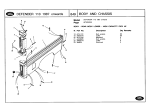 Page 850
DEFENDER
110
1987
onwards

	

1849
BODY
AND
CHASSIS

20

Model

Page

DEFENDER
110
1987
onwards

AFNXKG3A

BODY
-
REAR
BODY
LOWER
-
HIGHCAPACITY
PICK
UP

III
.
Part
No
.
Description
Oty
Remarks

18
ACU1161
Bolt
avdelok
58

19
AAU6774
Collar
58
20
ACU1762
Monobolt
4
21
AAU6920
Bolt
avdelok
4
22
AAU6774
Collar
4
23
31-18221-
Grommet
2 