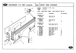 Page 851
DEFENDER
110
1987onwards

	

1850
BODYAND
CHASSIS

Model

Page

DEFENDER
110
1987
onwards

AFNXKG4A

BODY
-
REAR
BODY
LOWER
-
HIGHCAPACITY
PICK
UP

Defender
110
3
MTC7480
MTC7481
Panelvalance
front
RH
Panelvalance
front
LH
i1

Defender
130
3
RRC6362
Panelvalance
front
RH
1
RRC6363
Panelvalance
front
LH
1
MTC7482
Panelvalance
rear
RH
1
MTC7483
Panelvalance
rear
LH
1
5
FS106201L
Flange
screw
206
WL106001
Washer
spring
207
WAID6041L
Washer
plain
208
NN106021
NO
anchor209
MTC1439
Lashing
bracket
610...