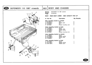 Page 854
DEFENDER
110
1987
onwards

	

853
j
BODY
AND
CHASSIS

Model

Page

BODY
-
REAR
BODY
LOWER
-
HIGH
CAPACITY
PICK
UP

III
.
Part
No
.

DEFENDER
110
1987
onwards

AFNXKG5A

Description

Rear
mounting
bracket
to
chassis
18
BH108141L

	

Bolt
19
WA108051L

	

Washer
plain
20
FN108041L

	

Nut
21
MTC4002

	

Bracket
mounting
outer

Outer
mounting
bracket
to
body
22
FS108207L

	

Screw
23
WA108051
L

	

Washer
plain
24
WL108001L

	

Washer
spring
25
FN108041L

	

Nut26
MTC4003

	

Bracket
mounting
inner

Inner...