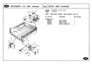 Page 855
DEFENDER
110
1987
onwards

	

854
BODYAND
CHASSIS

Model

	

DEFENDER
110
1967
onwards

1417
9
10

	

Page

	

AFNXK65A

BODY
-
REAR
BODY
LOWER
-
HIGHCAPACITY
PICK
UP

12,
X
..
III
.
Part
No
.
Description
Oty
Remarks

Defender
130
RRC6168
Angle
mounting
3
RRC6154
Angle
mounting
1
RRC6155
Angle
mounting
t
RRC6169
Bracket
mounting
front
2
RRC2440
Bracket
mounting
body
4 