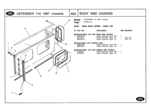 Page 856
DEFENDER
110
1987
onwards

	

855
BODY
AND
CHASSIS

Model

Page

DEFENDER
110
1987
onwards

AFNXLC1A

BODY
-
REAR
BODY
UPPER
-
HARD
TOP

III
.
Part
No
.
Description

Apertures-Rear
endand
fixed
side
window
1
MWC9418
Panel
bodyside
upper
RH

Oty
Remarks

1
MTC4412
Panel
bodyside
upper
LH
1
Upto
FA
MWC9419
Panel
bodyside
upper
LH
1
From
FA

Aperture-Rear
end
window
only
1
MWC9420
Panel
bodyside
upper
RH
1
MWC9421
Panel
bodyside
upper
LH
1

Apertures-Rear
endand
sliding
side
window
1
ALR2302
Panel...