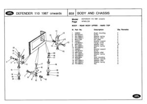 Page 860
DEFENDER
110
1987
onwards

	

1859
I
BODY
AND
CHASS
I
S

2

Model

Page

BODY
-
REAR
BODY
UPPER
-
HARD
TOP

DEFENDER
110
1987
onwards

AFNXLC3A

III
.
Part
No
.
Description
Oty
Remarks

1
338554
Angle
mounting
2
2
SH108161L
Screw
4
3
WL108001L
Washer
spring
4
4
WC108051L
Washer
plain
4

5
MUC1324
Nut
plate
2
6
332201
Bracket
support
4
7
FS106201L
Flange
screw
8
8
MRC5527
Washer
plain
169
WL106001L
Washer
spring
8
10
NH106041L
Nut8
11
338552
Bracketsupport
2
12
FS106167L
Screw
6

13
MRC5525
Washer
plain...