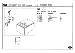 Page 917
DEFENDER
110
1987
onwards

	

1916
INTERIOR
TRIM
Model

Page

DEFENDER
110
1987
onwards

AFPXCC1A

TRIM
-
CUBBY
BOX
-
UPTO
VIN
456099

III
.
Part
No
.
Description
Oty
Remarks

1
MUC6681
Console
1
2
MUC6682
Striker
lock
1
3
MUCS452
Latch
1
4
MUC6453
Barrel
lock
and
keys
1
MUC2153
Key
blank
A/R
5
SE106351L
Screw
4
6
WA106041L
Washer
plain
47
NN106021
Nut
anchor48
AFU2501
Plug
4 