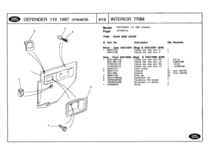 Page 920
DEFENDER
110
1987
onwards
1919
INTERIOR
TRIM

Model

Page

DEFENDER
110
1987
onwards

AFPXEE1A

TRIM
-
REAR
SIDE
DOOR

III
.
Part
No
.

	

Description

Black
-
UptoDA314291
(Reg)
&
DA314267
(W
1

	

MWC2782

	

Casing
rear
side
door
rh

	

1
MWC2783

	

Casing
rear
side
door
Ih

	

1

Grey
-
From
EA314292
(Reg)
&
DA314268
(W
1

	

MXCI86OLCS

	

Casing
rearside
door
RH
MXC1861
LCS

	

Casing
rearside
door
LH
BTR6702LCS

	

Casing
rearside
door
RH
BTR6703LCS

	

Casing
rearside
door
LH
2
MWC3137...