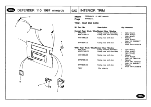 Page 921
DEFENDER
110
1987
onwards

	

1920
INTERIORTRIM

Model

Page

DEFENDER
110
1987
onwards

AFPXEG1A

TRIM
-
REAR
END
DOOR

111
.
Part
No
.

	

Description

	

Oty
Remarks

Except
Rear
Wash
Wipe/Heated
Rear
Window
Upto
Note(l)
From
Note(l)
Upto
Note(2)Note(4)
From
Note(2)
Upto
VIN
KA929577
Note(4)
From
VIN
KA929578

Upto
Note(l)
From
Note(l)
Upto
Note(2)
Note(4)
From
Note(2)
Upto
VIN
JA910750
Note(4)
From
VIN
JA910751
Upto
VIN
KA929577
Note(4)
From
VIN
KA929578

1
MWC1743
Casing
rearend
door-Black...