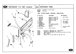 Page 924
DEFENDER
110
1987
onwards

	

1923
INTERIOR
TRIM

Model

	

DEFENDER
110
1987
onwards

Page
AFPX(3CIA

TRIM
-
STATION
WAGON
-
BODYSIDE
-
FROM
NOTE(t)

III
.
Part
No
.

11
MWC5798

	

Retainer
trim
upper
RH

	

1

	

)Upto
Note(2)
MWC5799

	

Retainer
trim
upper
LH

	

1

	

)
12
MXC3278

	

Retainer
trim
upper
RH

	

1

	

)
MXC3279

	

Retainer
trim
upper
LH

	

1

	

)From
Note(2)
13
MXC3277

	

Retainer
trim
lower

	

2

	

)
14
78248

	

Rivet

	

4

	

Upto
Note(2)
15
AB608044L

	

Screw

	

4...