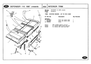 Page 931
DEFENDER
110
1987
o
nwards

	

1930
1
INTERIOR
TRIM

Model

Page

TRIM
-
STATION
WAGON
-
UP
TO
VIN
314267

DEFENDER
110
1987
onwards

AFPXKA1A

Note(1)

	

With
ventilator
aperture
provision
.
Note(2)

	

For
vehicles
without
inertia
seat
belts
Note(3)

	

For
vehicles
with
inertia
seat
belts

III
.
Part
No
.

Germany
25
MUC3630

Description

Cover
rear
quarter
panel

Qty
Remarks

1
MUC3631
Cover
rear
quarter
panel
1
26
AB60804
Screw
4 